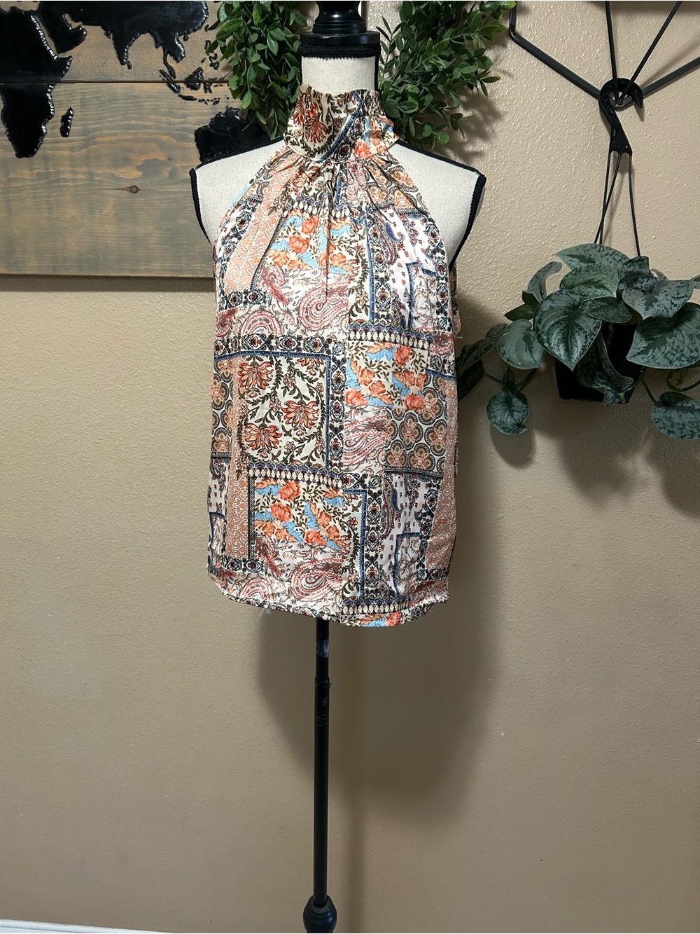 NWT Rachel Zoe Paisley Patchwork Halter Blouse Medium Mock Neck Boho Resort Top - Picture 2 of 7